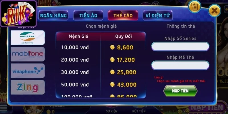Chọn hình thức nạp tiền Rikvip