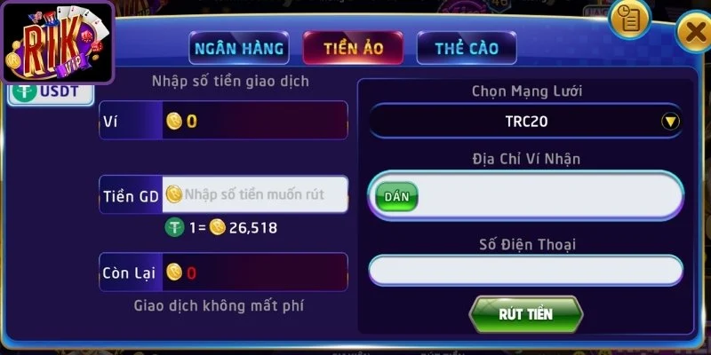 Thao tác rút tiền Rikvip dễ thực hiện